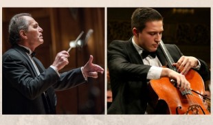 Dirijorul Cristian Mandeal și tânărul violoncelist Ștefan Cazacu, pe scena Sălii Radio