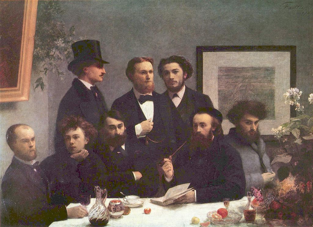 Paul Verlaine și Arthur Rimbaud (jos, în stânga tabloului), tablou de Henri Fantin-Latour